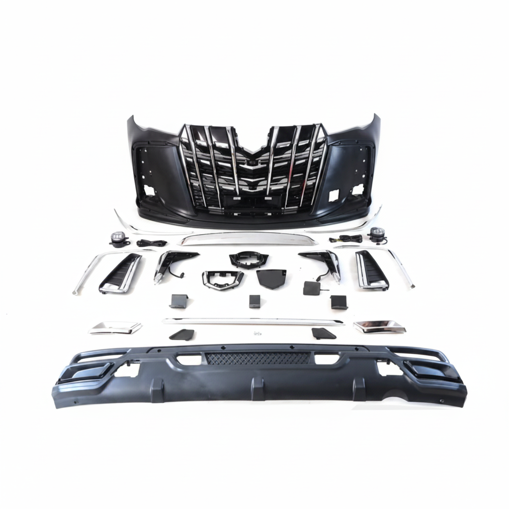 Car bumper and grille assembly on a white background