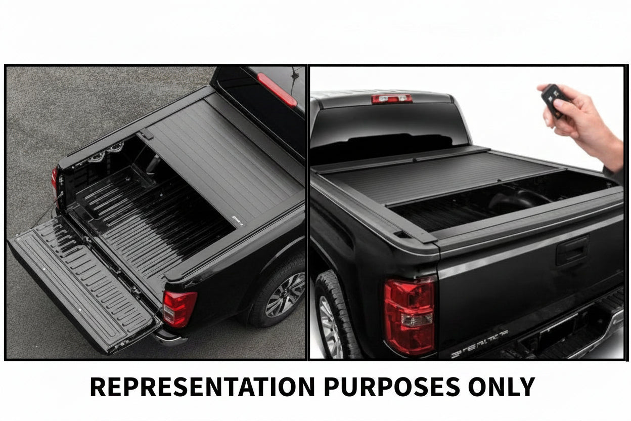 Tonneau cover on a truck bed with a remote control, showing open and closed positions.