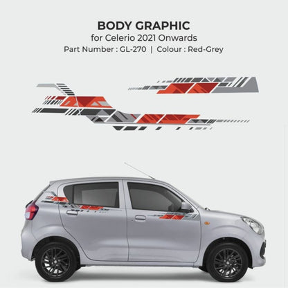Car with red-grey body graphics on a white background
