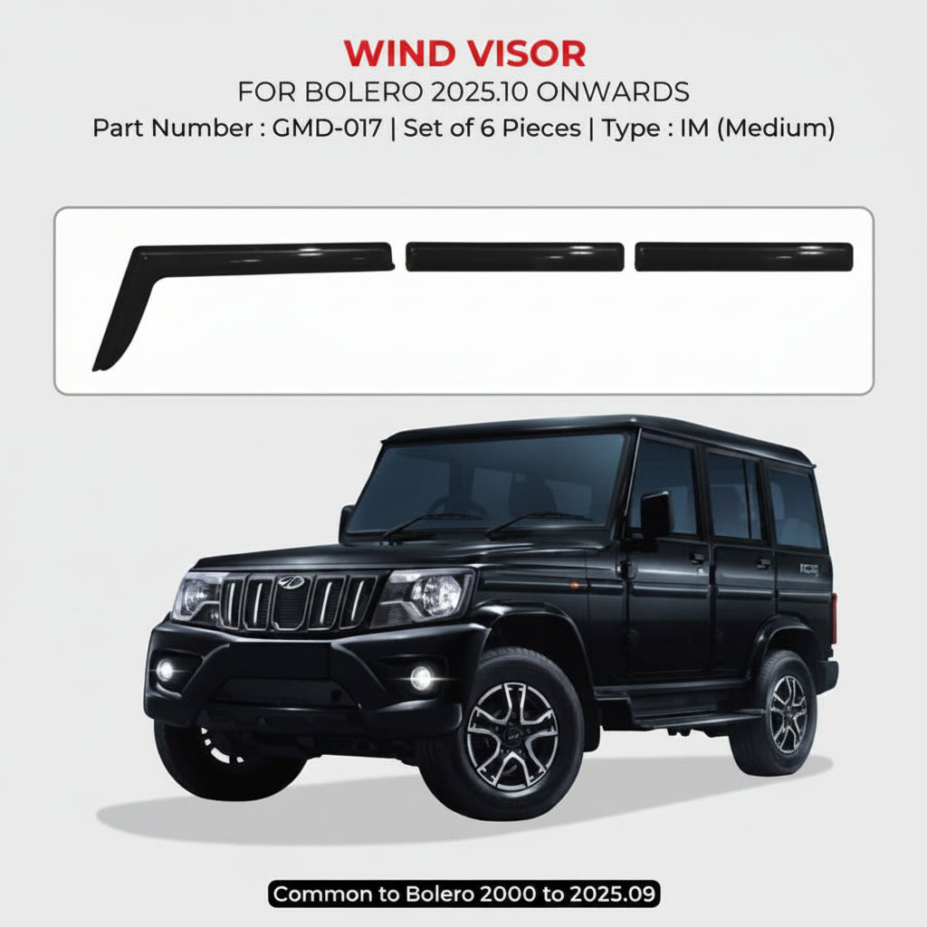Wind visor- black for Mahindra Bolero 2025.10 onwards with vehicle image on a white background