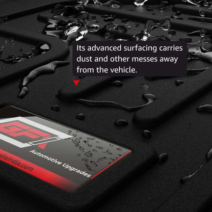 Car mat with water droplets and text about advanced surfacing, featuring a brand logo.