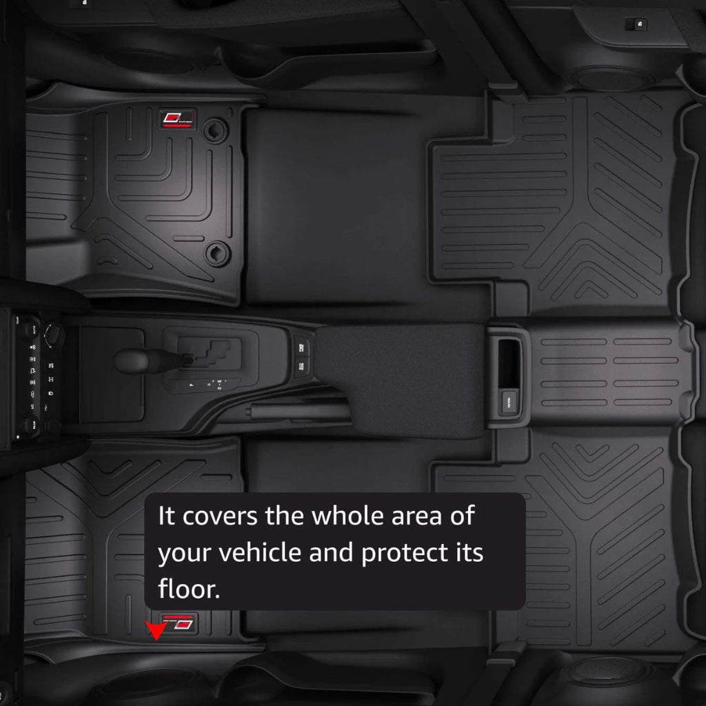 Black car floor mats covering the entire vehicle floor with text overlay.