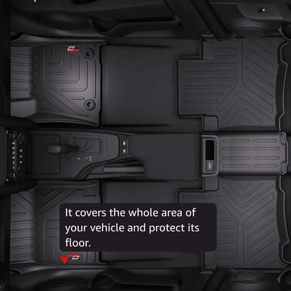 Black car floor mats covering the entire vehicle floor with text overlay.