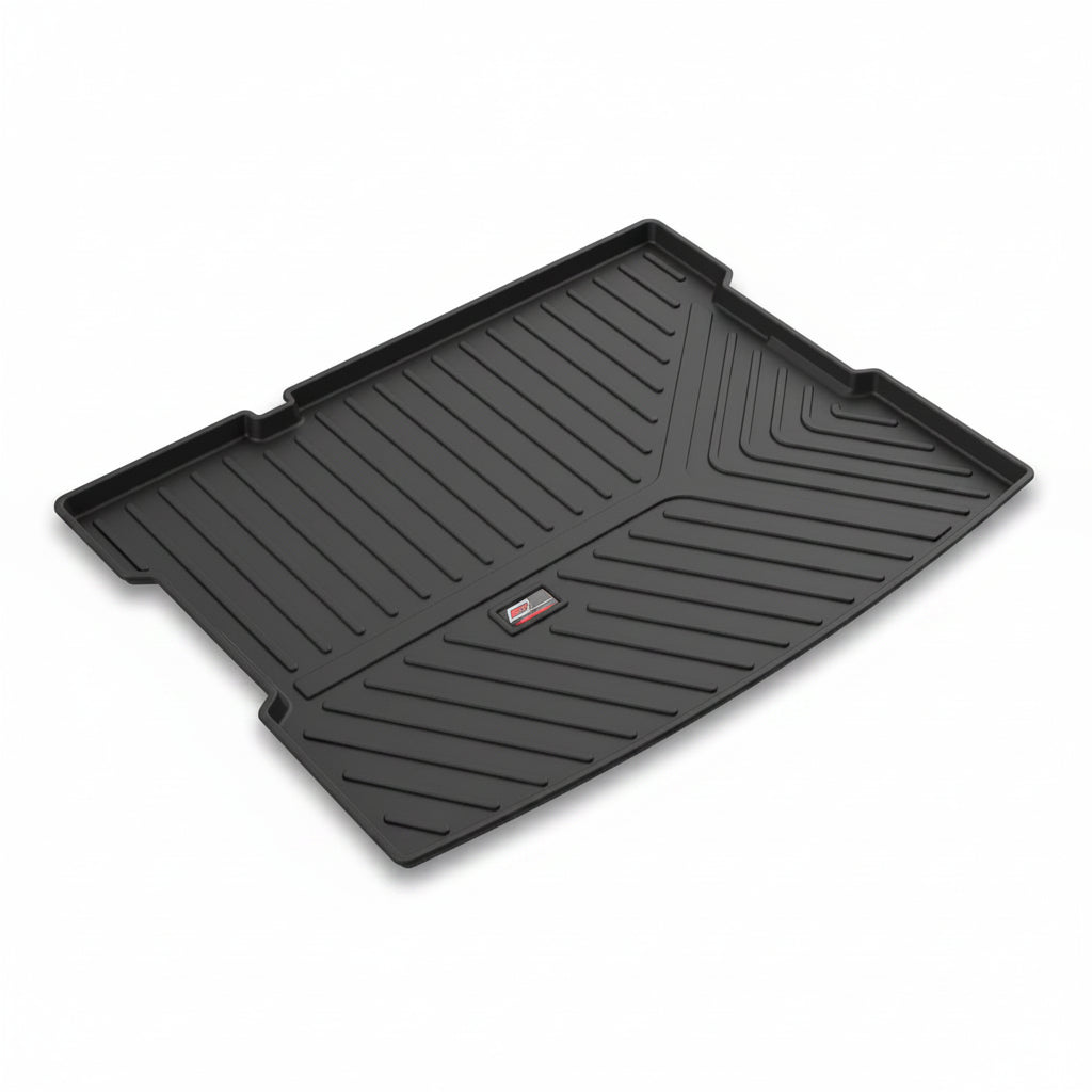 Black car mat with a brand logo on a white background