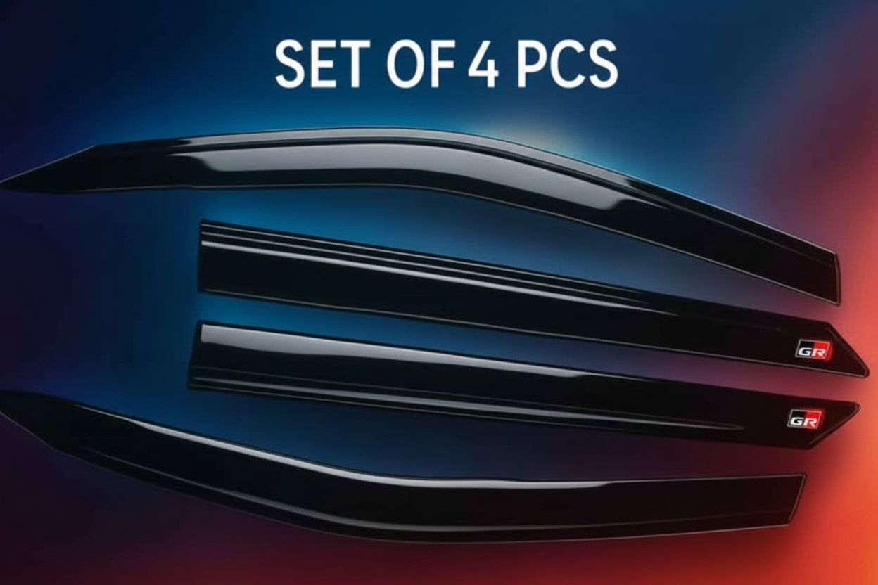 Set of four black car window deflectors with 'GT' branding on a gradient blue to red background.