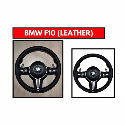Two BMW steering wheels with 'BMW F10 (Leather)' text on a white background