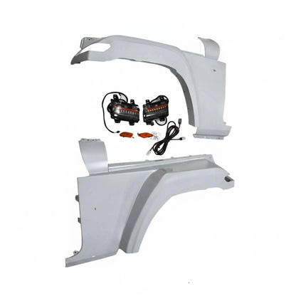 Car fender assembly with additional parts on a white background