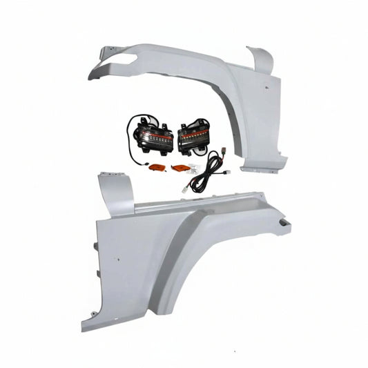 Car fender assembly with additional parts on a white background