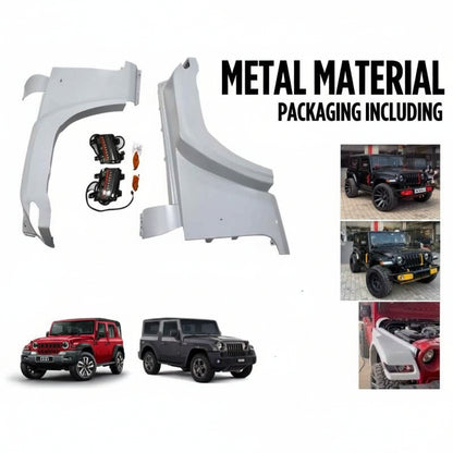 Metal car fender parts with images of cars and text about metal material packaging.
