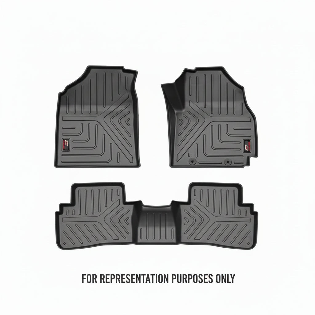Set of black car floor mats with a disclaimer text on a white background
