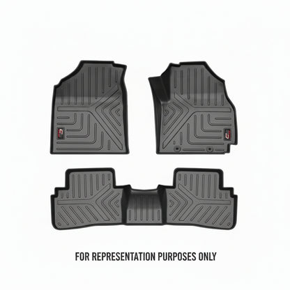 Set of black car floor mats with a disclaimer text on a white background