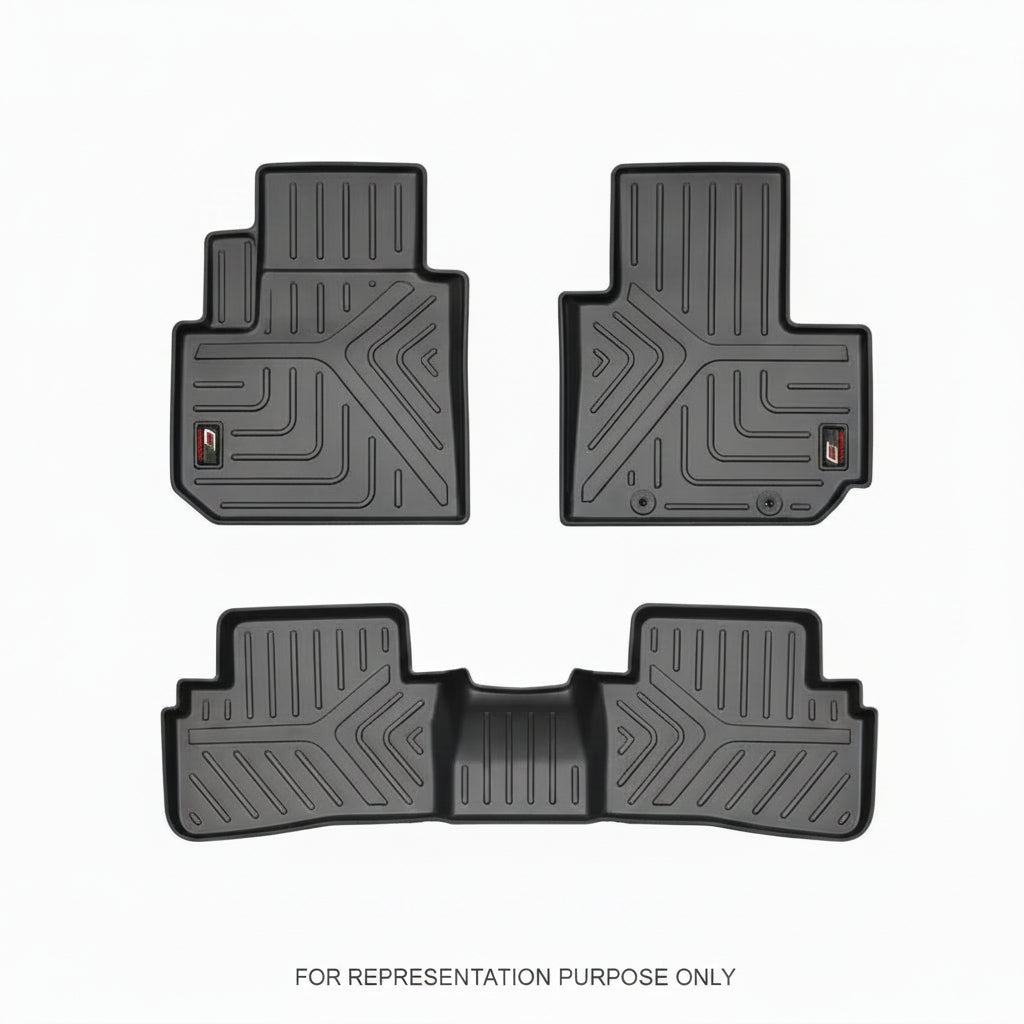 Set of black car floor mats with a disclaimer text on a white background