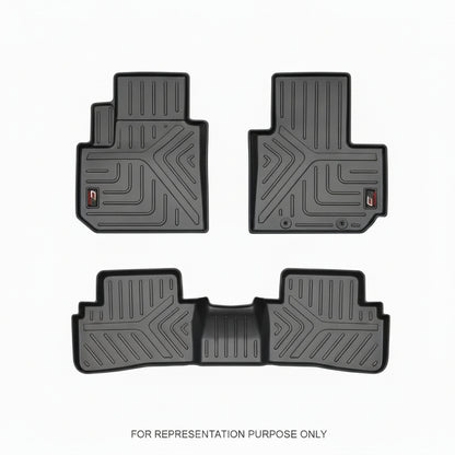 Set of black car floor mats with a disclaimer text on a white background