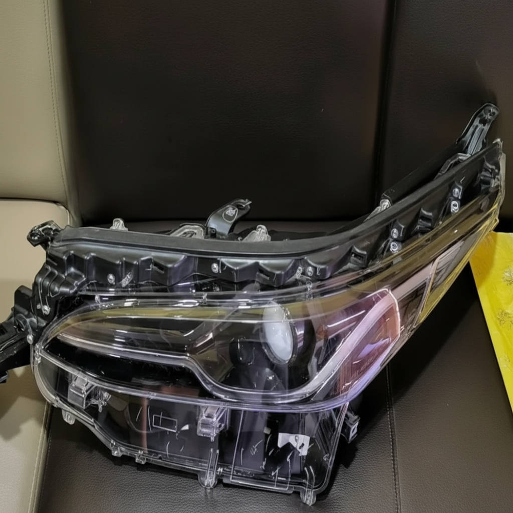 Car headlight assembly in clear plastic packaging on a car seat