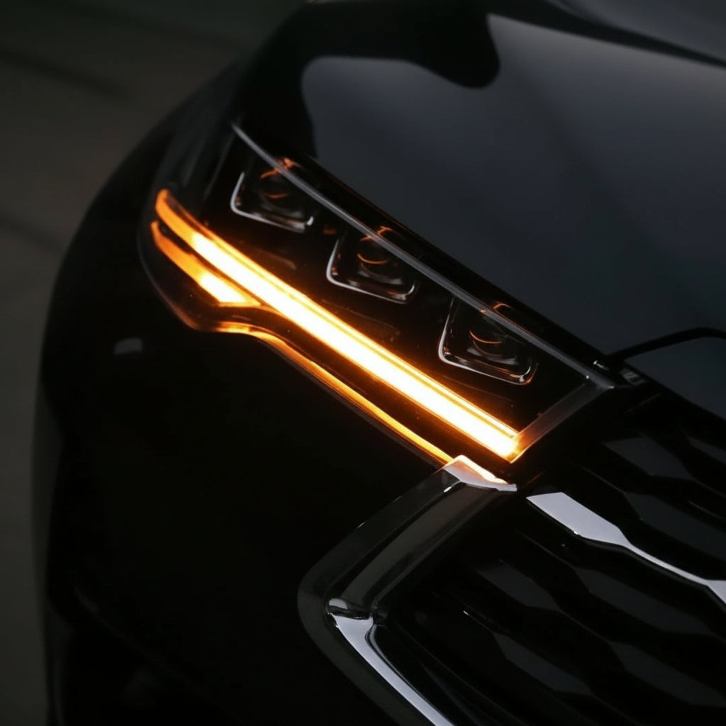 Car headlight with orange indicator light on a dark background
