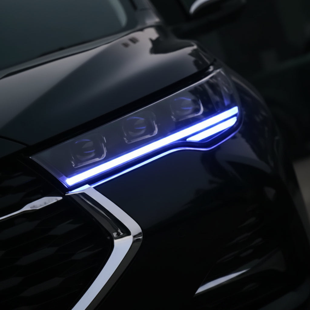 Close-up of a car's headlight with a blue light on a dark background