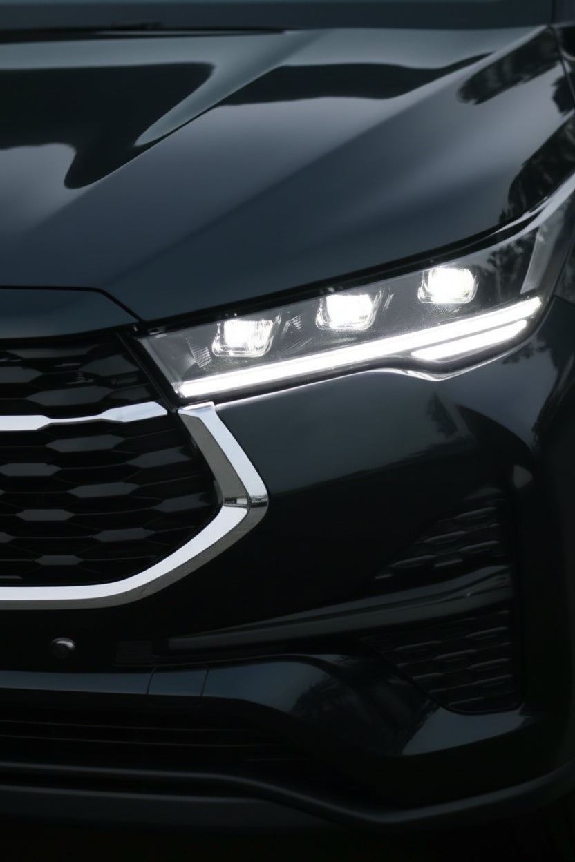 Close-up of a car's front grille and headlights with a dark background