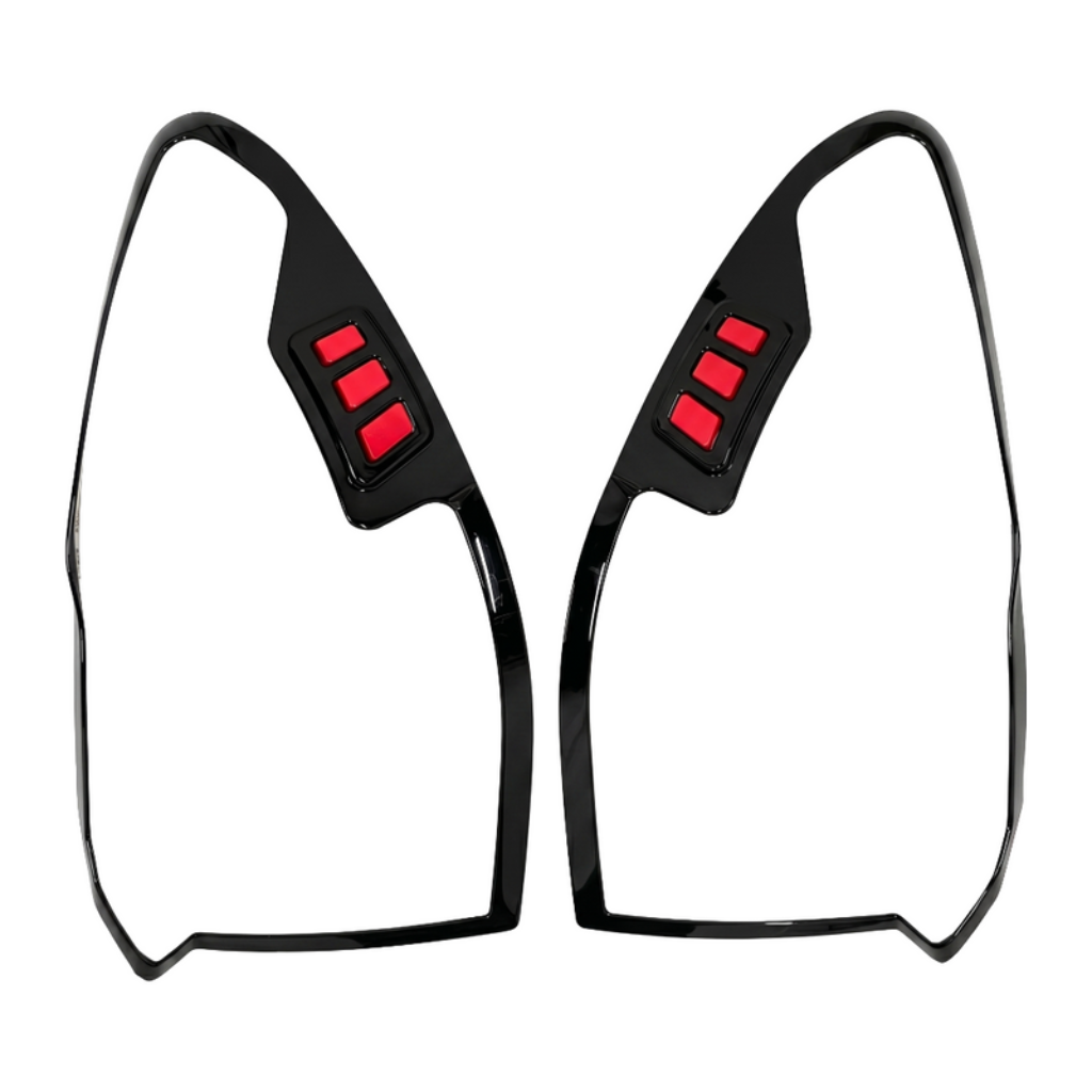 Set of 2 pcs black taillight covers for i10 Grand Nios, displayed on a white background. 