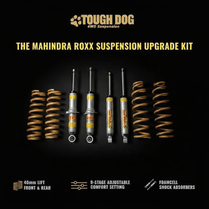 Tough Dog 4WD Suspension presents the Mahindra Roxx Suspension Upgrade Kit, featuring four shock absorbers and four coil springs arranged symmetrically on a black background with product specifications listed at the bottom.