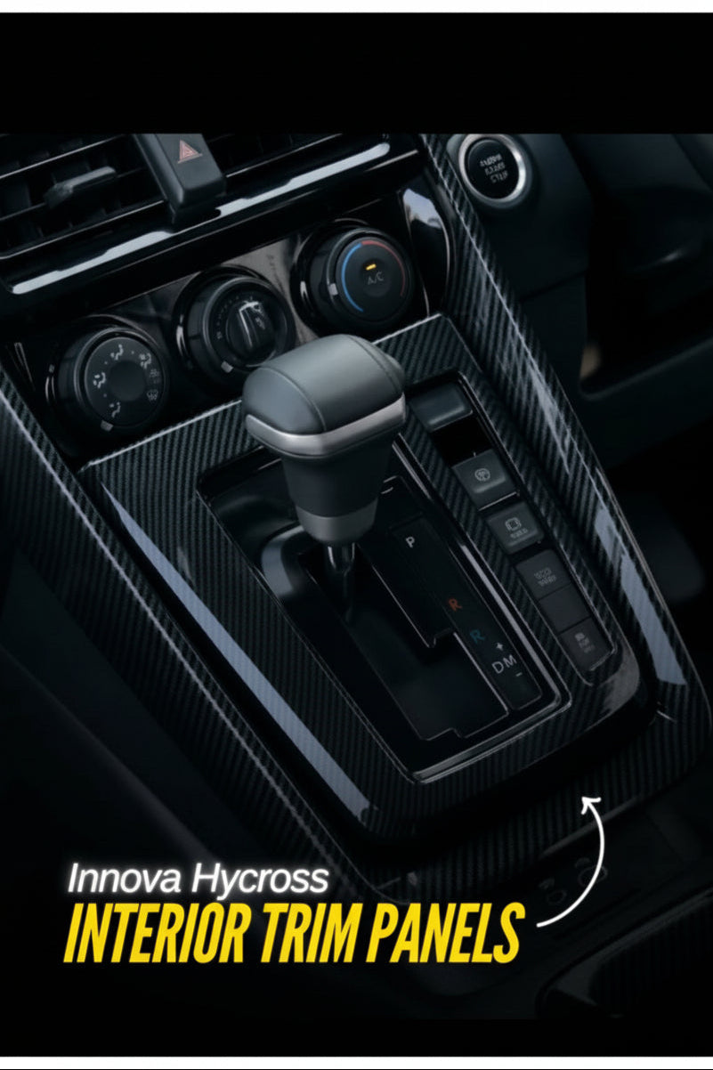 Car interior with shift lever and 'Innova Hycross Interior Trim Panels' text.