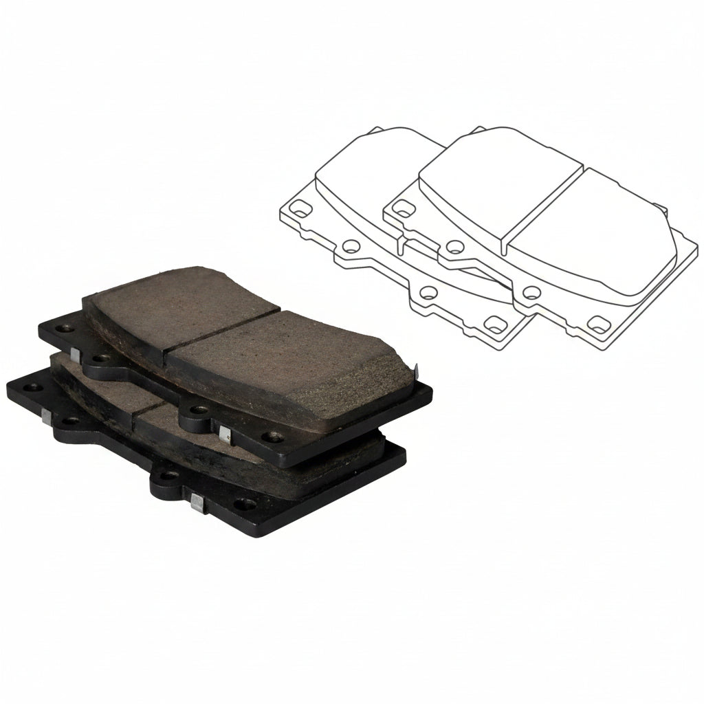 Brake pads with a line drawing of their structure on a white background