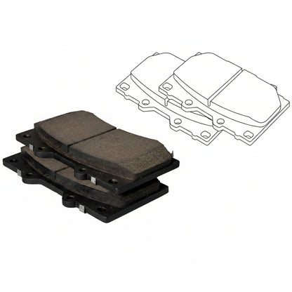 Brake pads with a line drawing of their structure on a white background