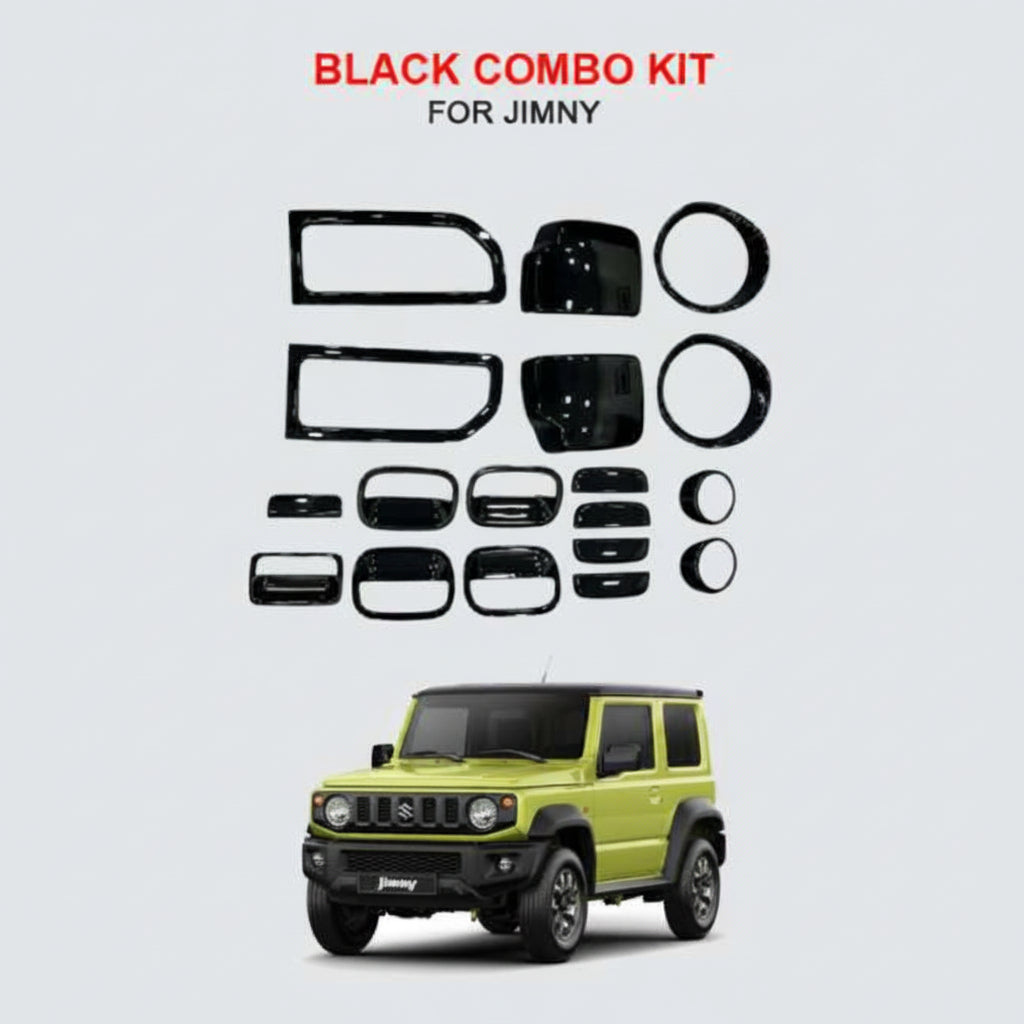 Black combo kit for Jimny on a white background with a green SUV.