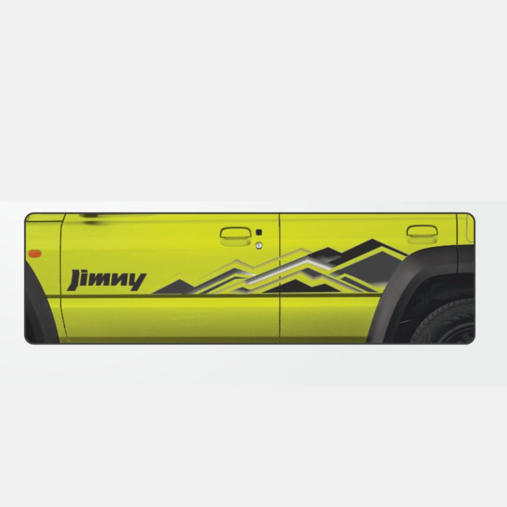 Yellow vehicle door with 'Jimny' branding and mountain design on a white background