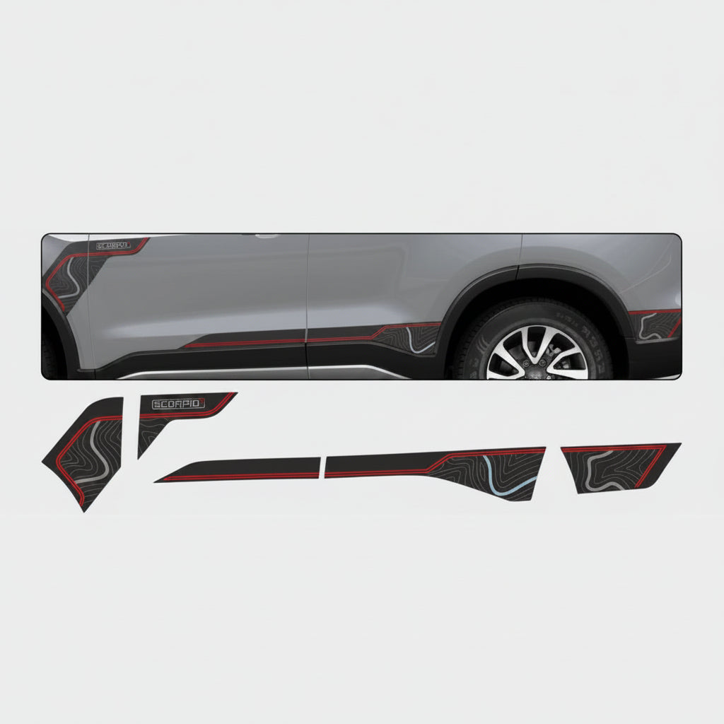 Car side decal with red and black design on a gray background