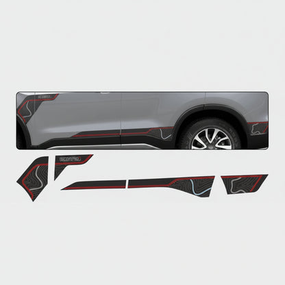 Car side decal with red and black design on a gray background