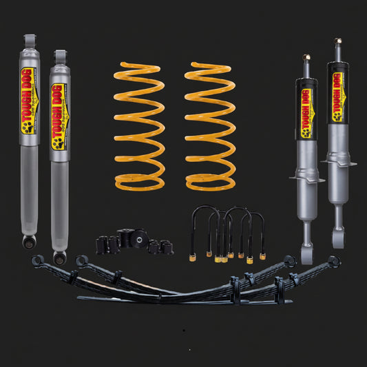 Automotive suspension components including shock absorbers and springs on a black background with 'Bushings' branding.