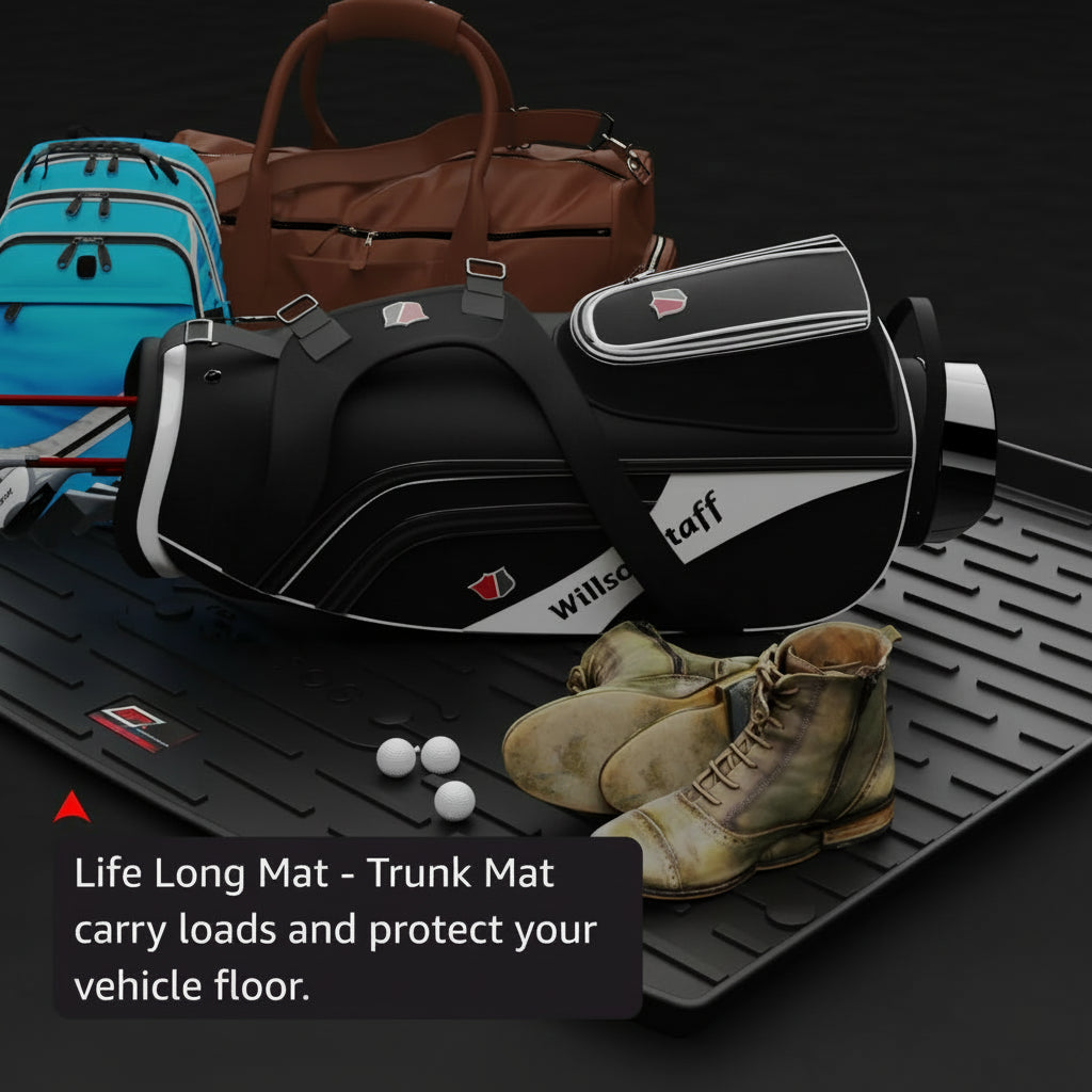 Trunk mat with bags, boots, and balls on a dark background