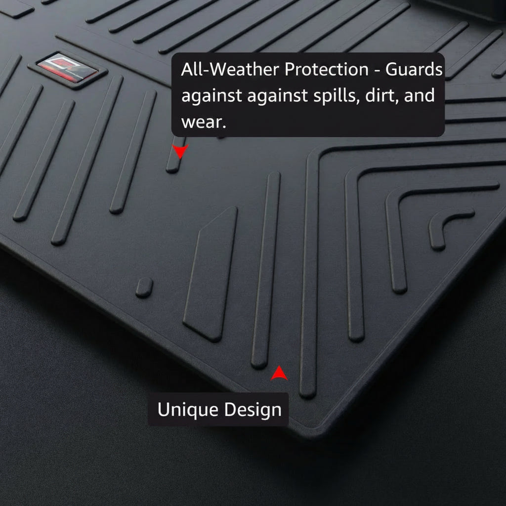 Black trunk mat with text highlighting its features on a dark background