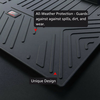 Black trunk mat with text highlighting its features on a dark background