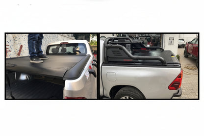 Two views of a truck bed with a tonneau cover, one showing the open bed and the other the closed tonneau cover.
