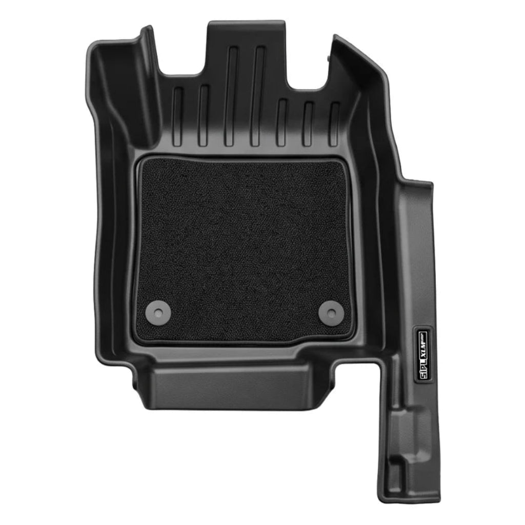 A black moulded car floor mat shown from above on a plain white background. The mat has a textured black center section with two round fastener holes and a molded side panel with a small visible 'SIPL' brand mark.