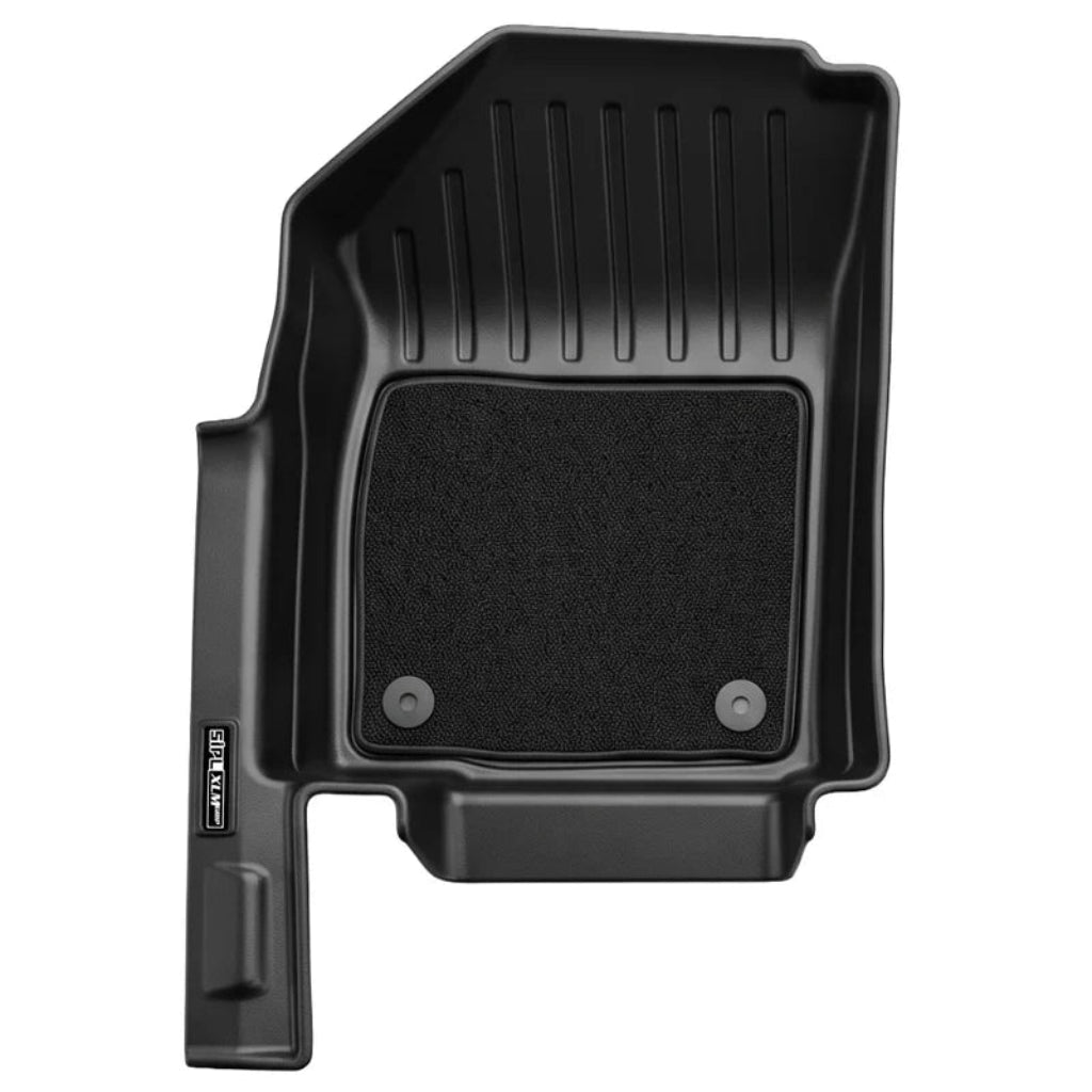 A single black molded car floor mat shown from above on a plain white background. The mat has a textured central section, raised side walls with vertical ridges, and a small visible brand label reading 'SIPL XLM'.