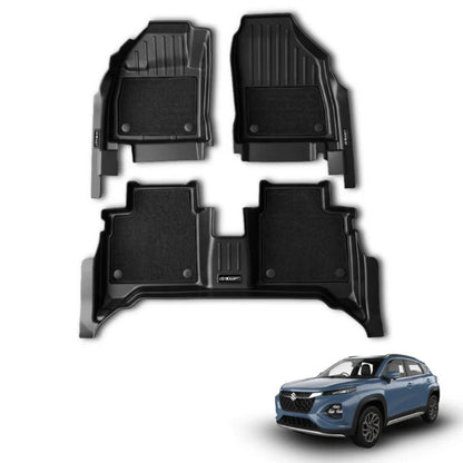 Three black car floor mats are shown on a white background, with a blue Fronx in the lower right corner and a blue text label reading 'FRONX (All Models) XLMGRIP'.