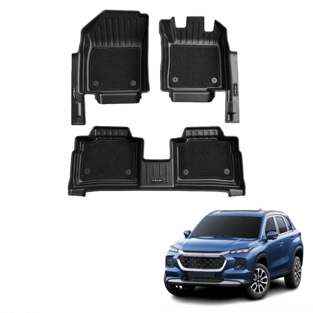 Three-piece black rubber car floor mat set shown on a white background, with a blue SUV graphic in the lower right and the text 'GRAND VITARA 2023+ XLMGRIP' in a blue banner at the bottom left.