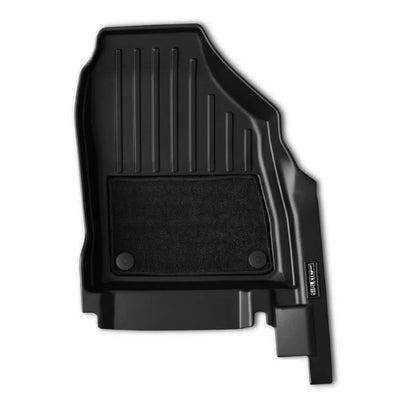 A black molded rubber car floor mat shown from a top-down view on a plain white background.