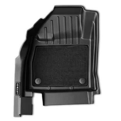 A black molded rubber vehicle floor liner shown from a top-down angle on a white background, with a textured black mat in the center and a small visible brand label reading 'SIPL XLM'.