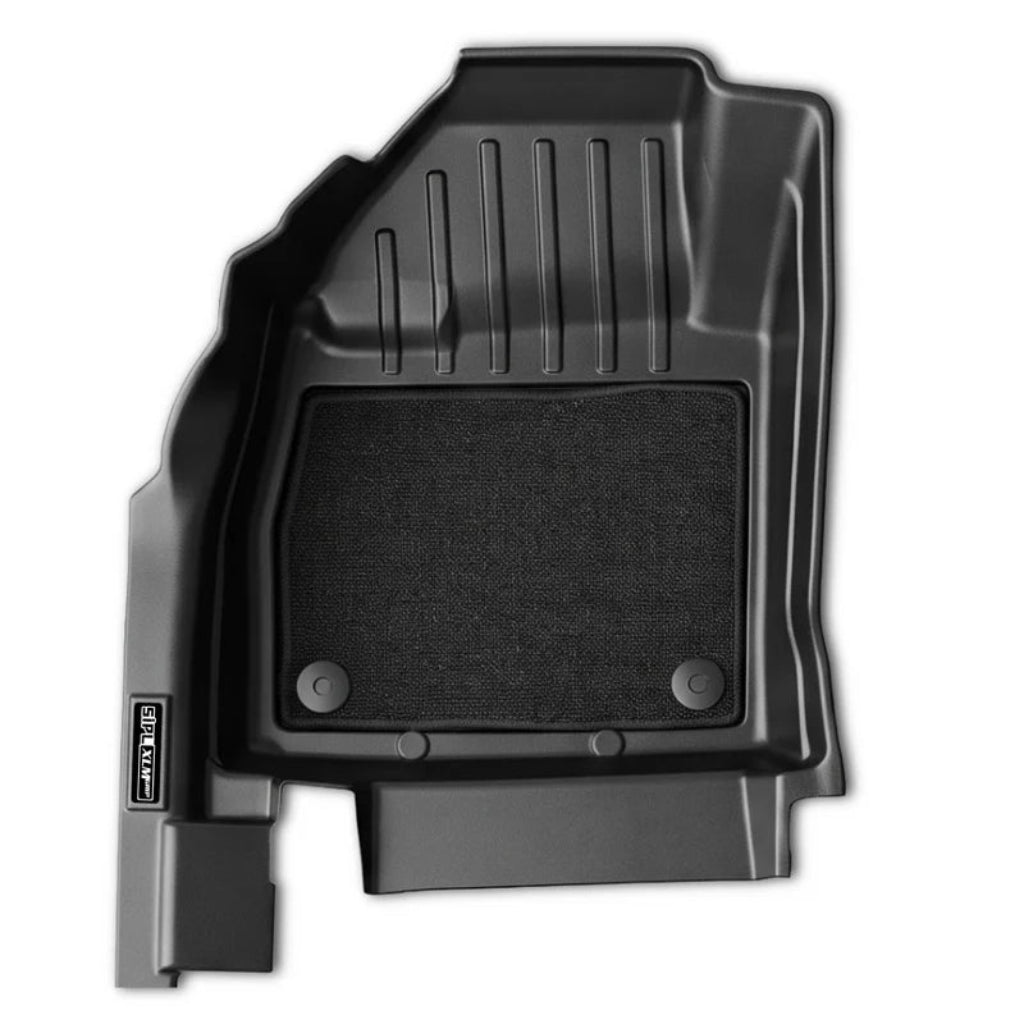A black molded rubber vehicle floor liner shown from a top-down angle on a white background, with a textured black mat in the center and a small visible brand label reading 'SIPL'.