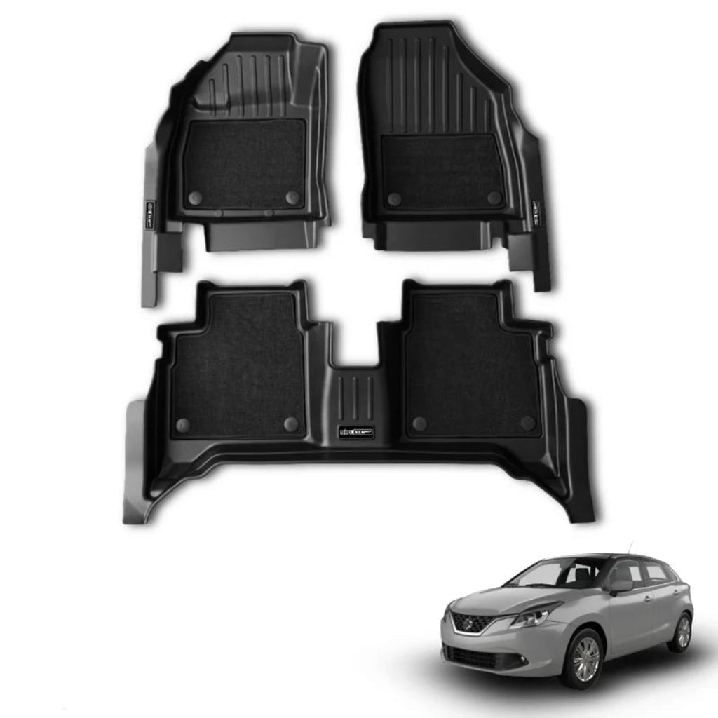Three piece black floor mat set for a 2015-baleno, XLM GRIP range, displayed on a white background with a silver car illustration in the bottom right corner and a blue text label at the bottom left.