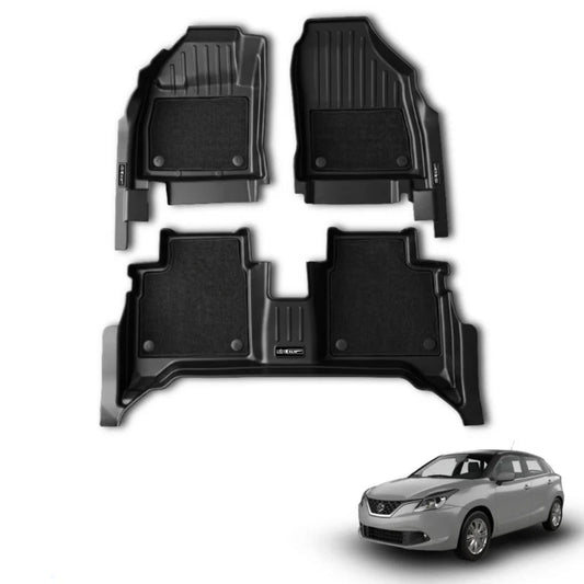 Three piece black floor mat set for a 2015-baleno, XLM GRIP range, displayed on a white background with a silver car illustration in the bottom right corner and a blue text label at the bottom left.