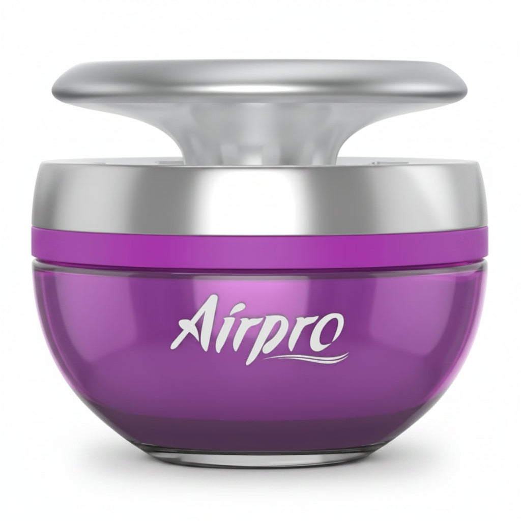 Purple and silver container with 'Airpro' branding on a white background