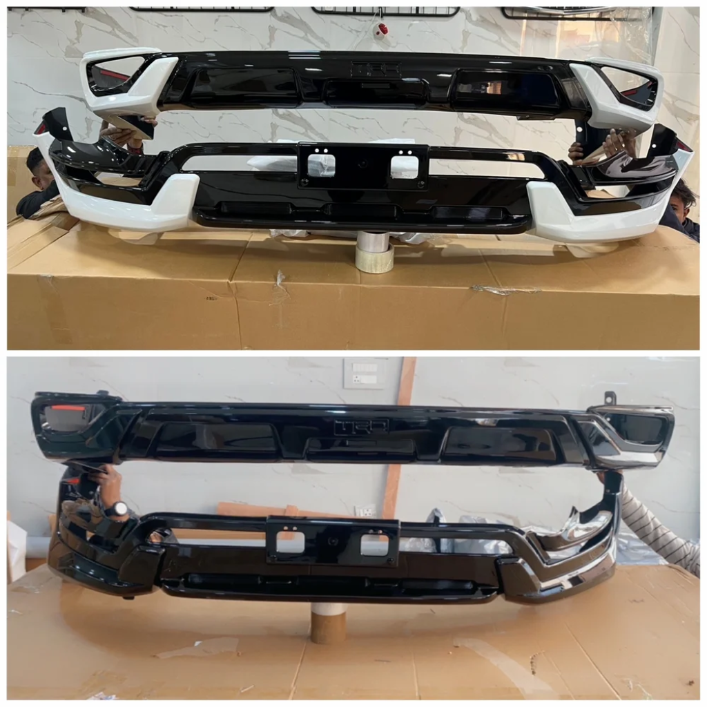 Two views of a car bumper on a wooden platform with a white wall background.
