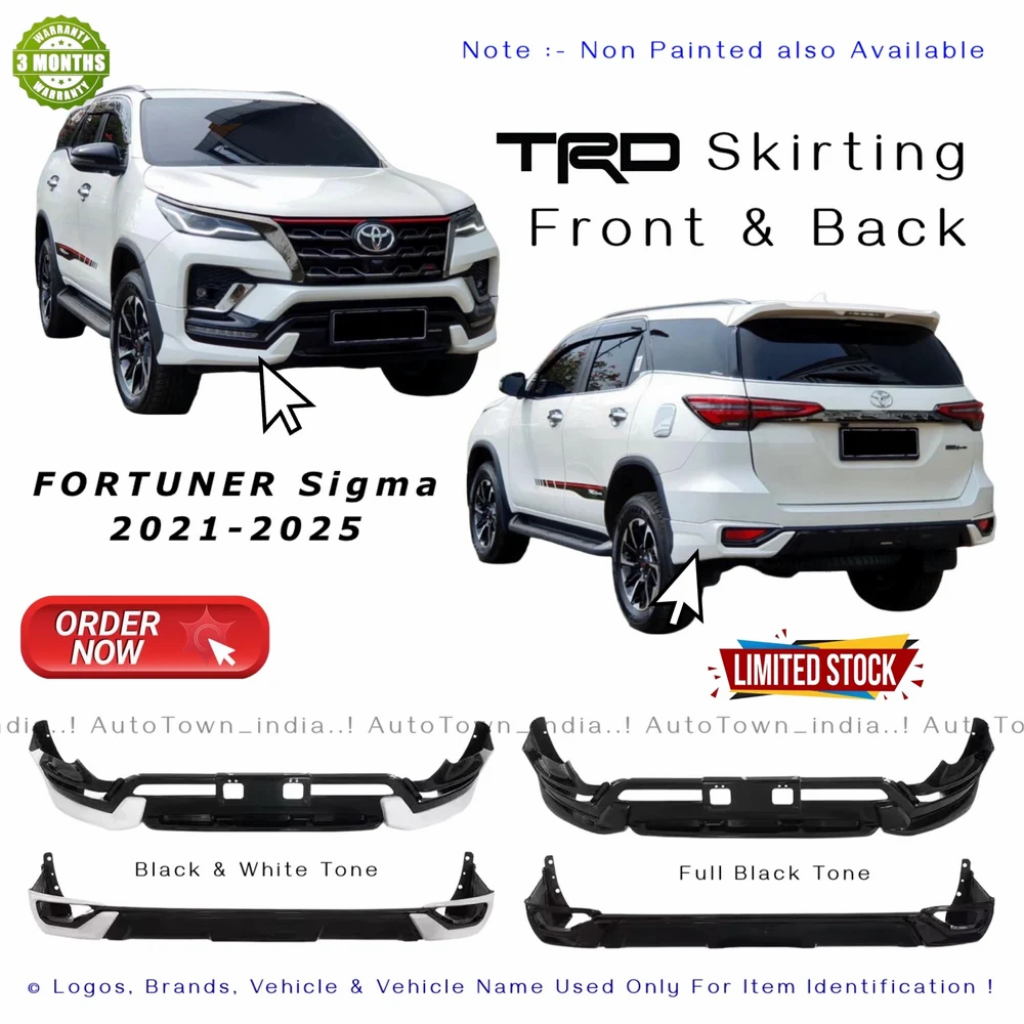 Toyota Fortuner Sigma 2021-2025 TRD skirting front and back with product details.