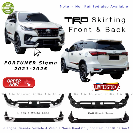 Toyota Fortuner Sigma 2021-2025 TRD skirting front and back with product details.