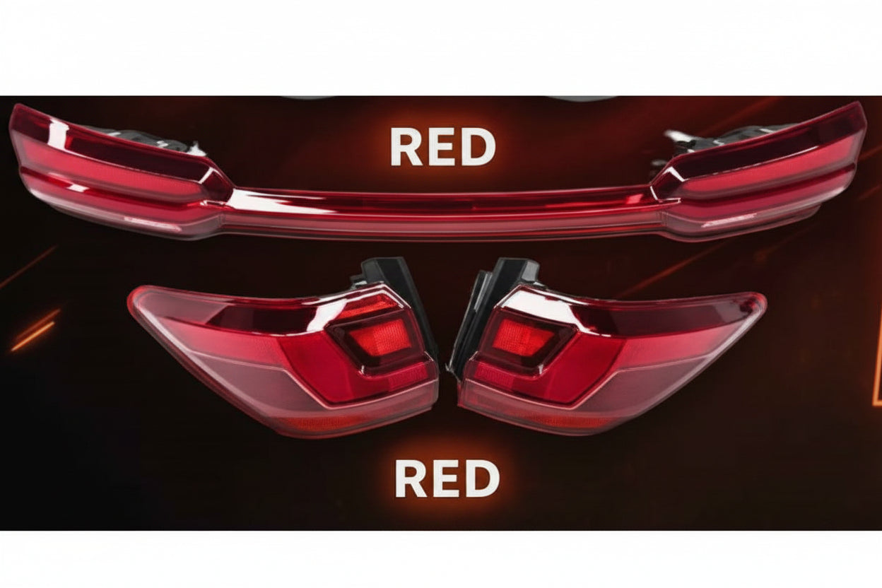 Red car tail lights with 'RED' text on a dark background
