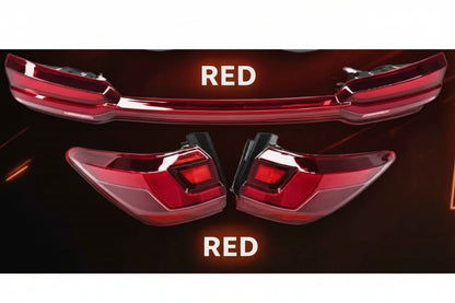Red car tail lights with 'RED' text on a dark background